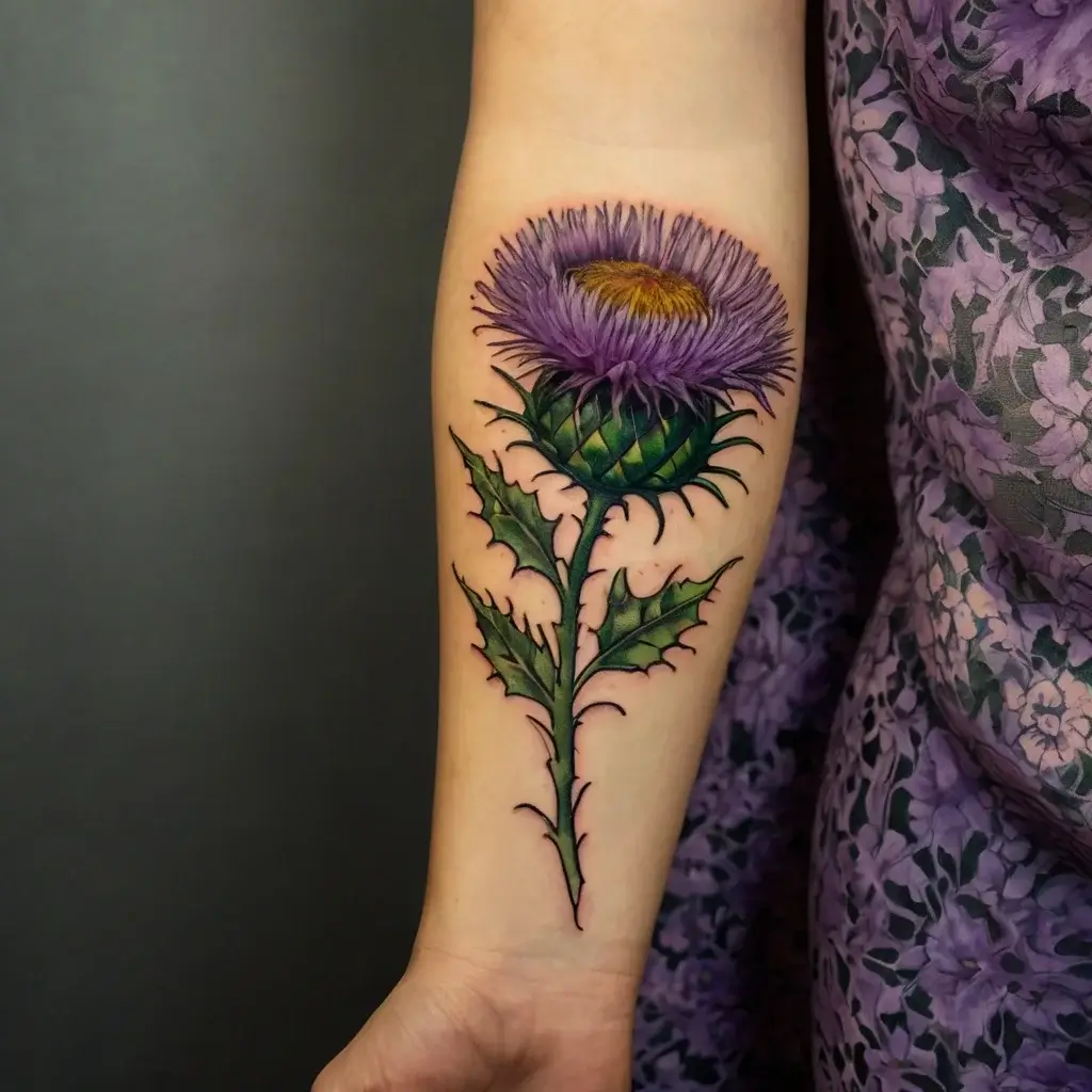 A vibrant tattoo of a purple thistle, with sharp leaves and intricate details on the stem, symbolizing resilience and pride.