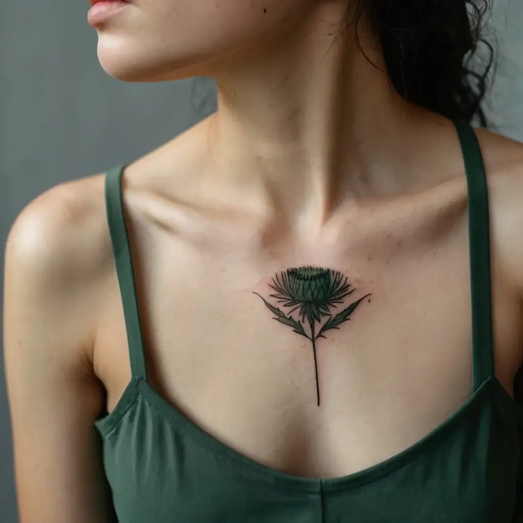 Chest tattoo of a detailed, monochrome thistle, symbolizing strength and resilience, elegantly placed beneath the collarbones.