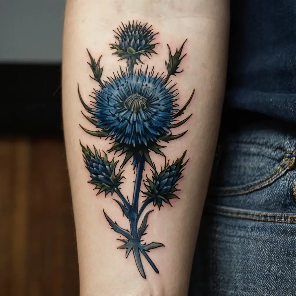 Detailed blue thistle tattoo with sharp outlines and shading on forearm, symbolizing strength and endurance.