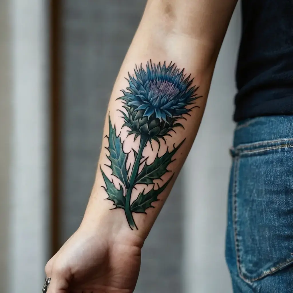 Tattoo of a detailed blue thistle flower with sharp leaves, inked on a forearm, symbolizing resilience and pride.