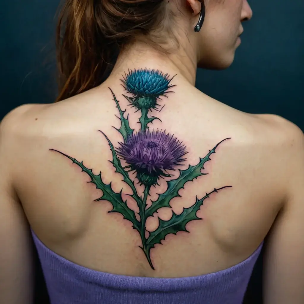 Colorful thistle tattoo on back, featuring purple and blue flowers with sharp green leaves, detailed and vibrant design.