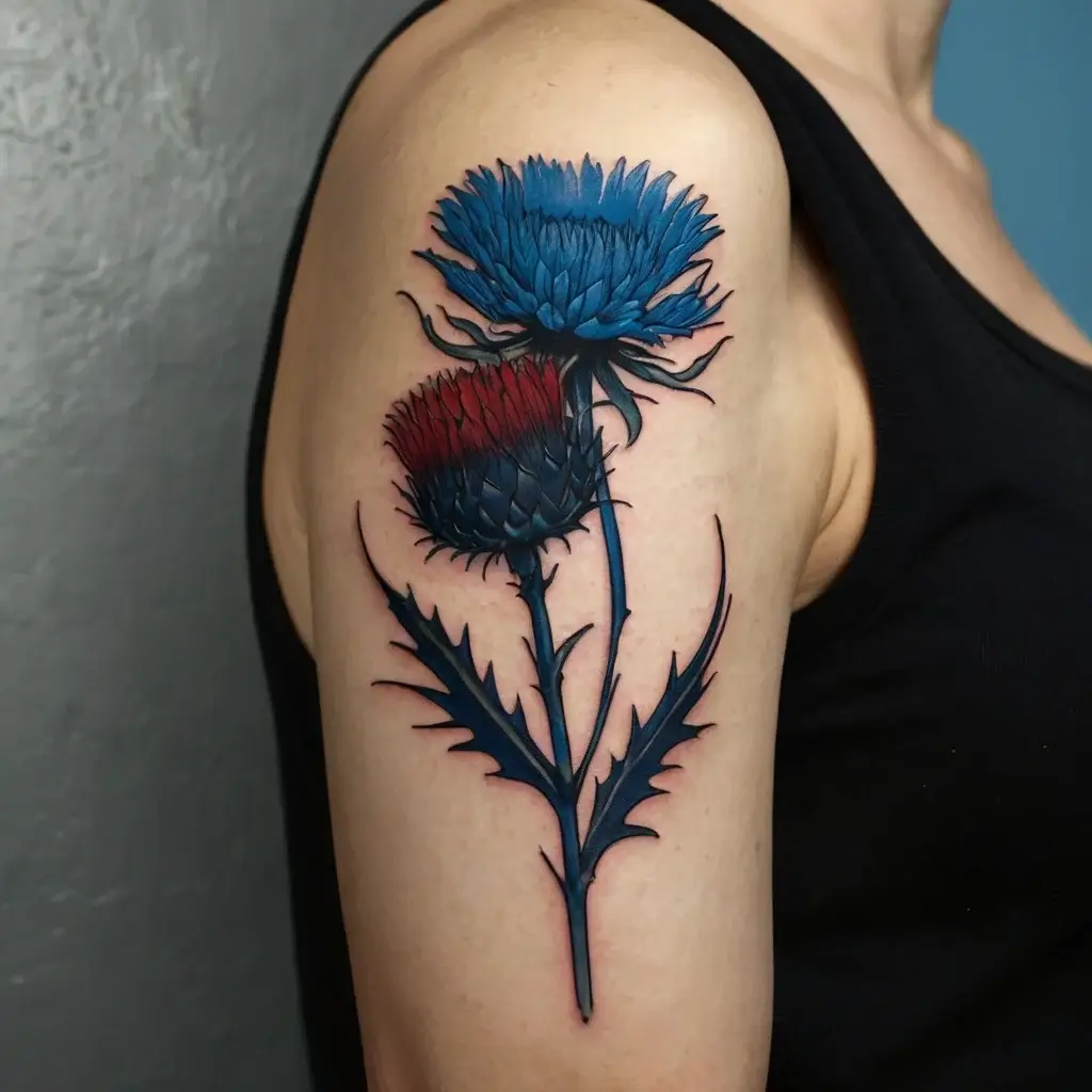 Tattoo of two blue and red thistles on the upper arm, featuring sharp leaves and intricate petal details against a soft skin tone.