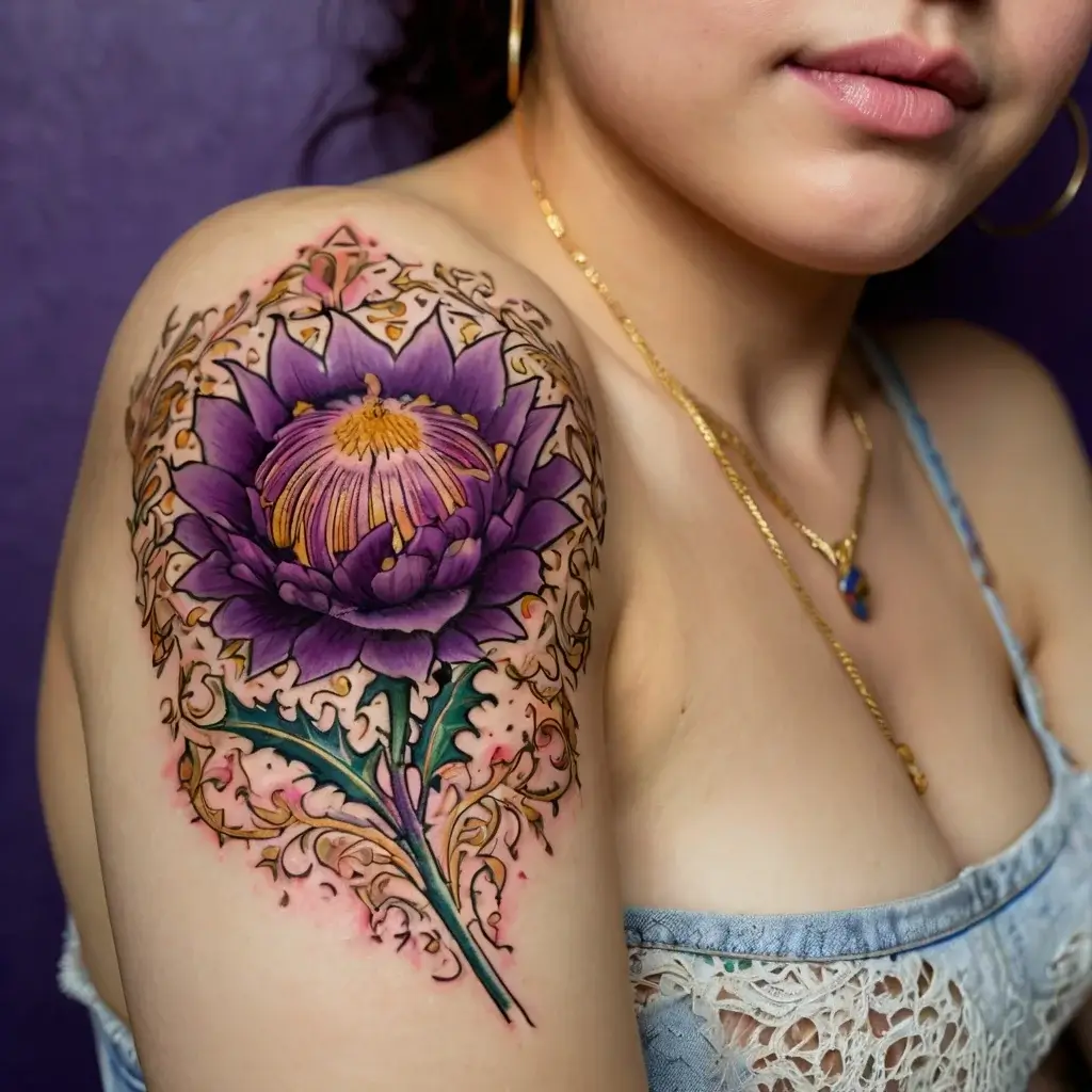 Vibrant purple lotus tattoo with intricate gold filigree on shoulder, symbolizing beauty and enlightenment.