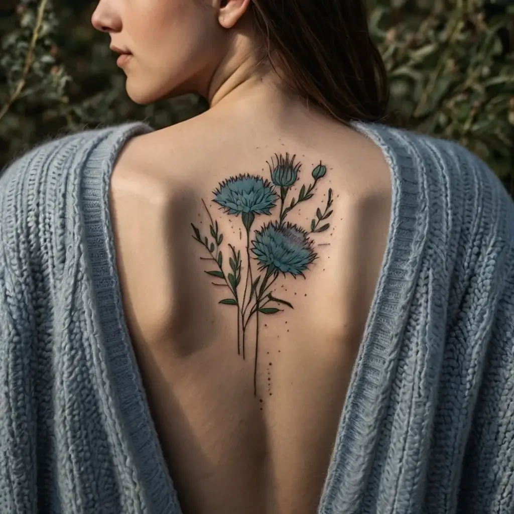 Tattoo of blue thistle flowers and leaves on upper back, detailed with thin lines and subtle shading for a delicate look.