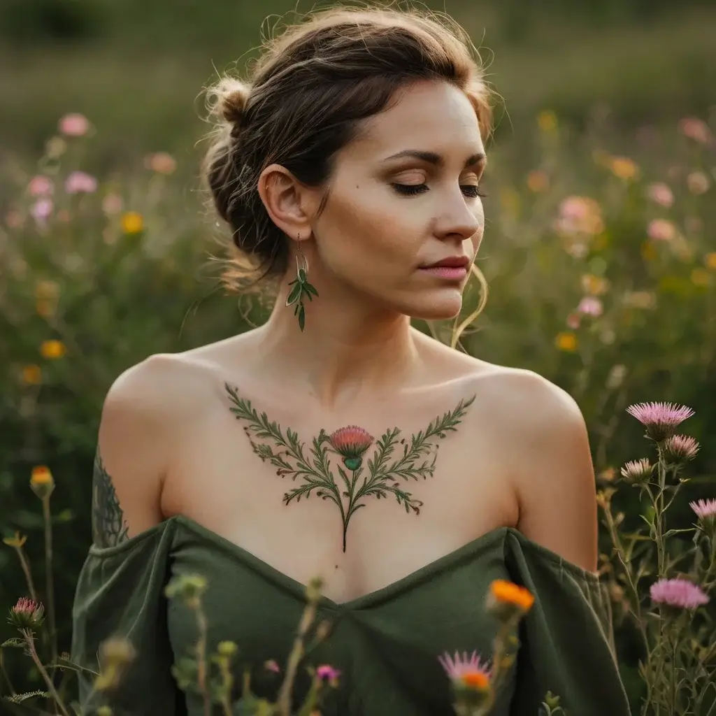 Chest tattoo of a vibrant thistle, its intricate green leaves spreading symmetrically, symbolizing strength and resilience.