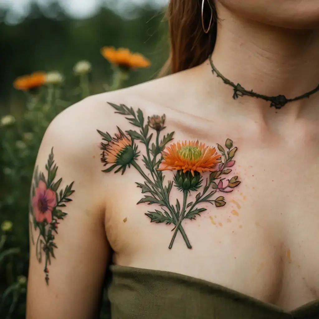 A floral tattoo on the shoulder features vibrant orange blooms and green leaves, with pink and yellow accents.