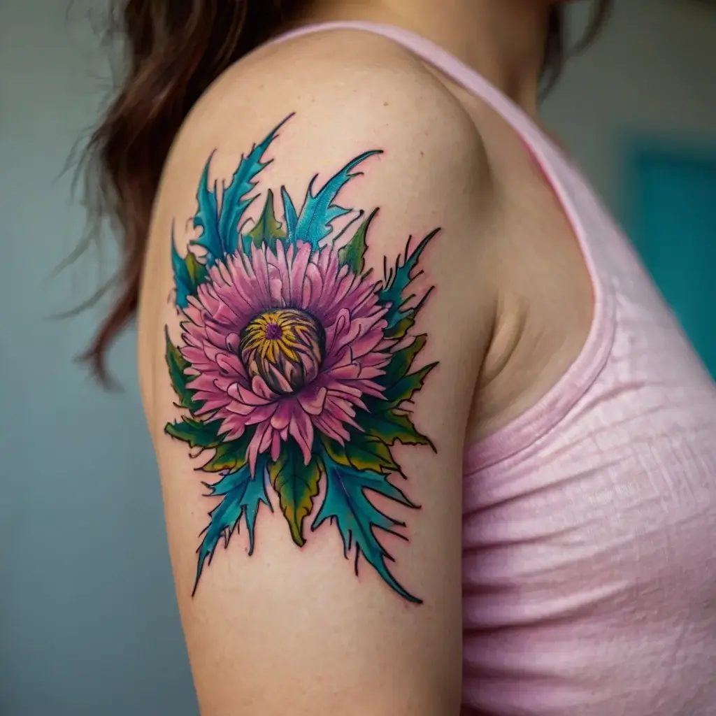 Tattoo of a stylized pink flower with sharp teal and green leaves on the upper arm, blending realism and bold linework.