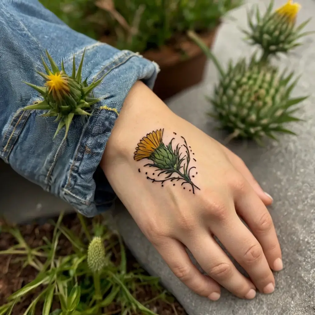 Hand tattoo of a detailed yellow flower with green leaves, accented by delicate black dots and lines for an artistic touch.