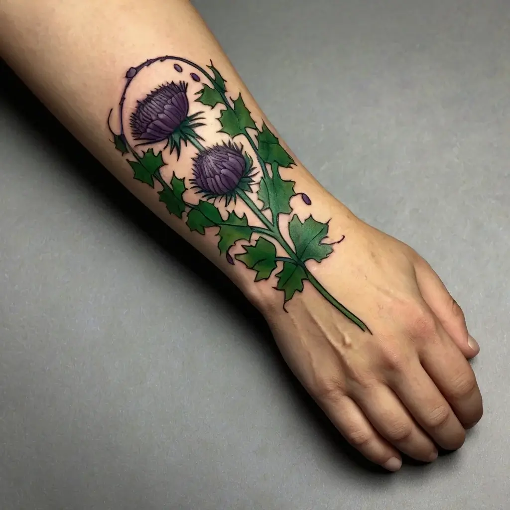 Forearm tattoo of two purple thistles with sharp green leaves, styled in a bold and naturalistic design.