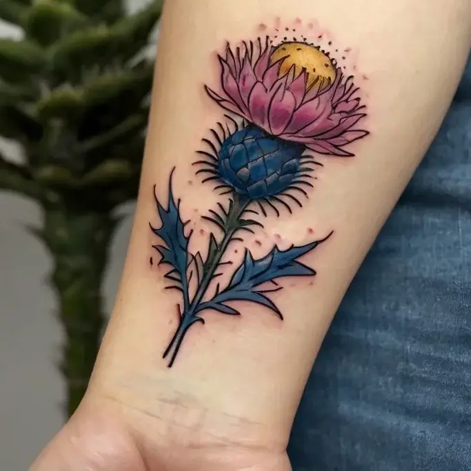 Stylized thistle tattoo with a vibrant pink flower, blue stem and leaves, and intricate details on the forearm.