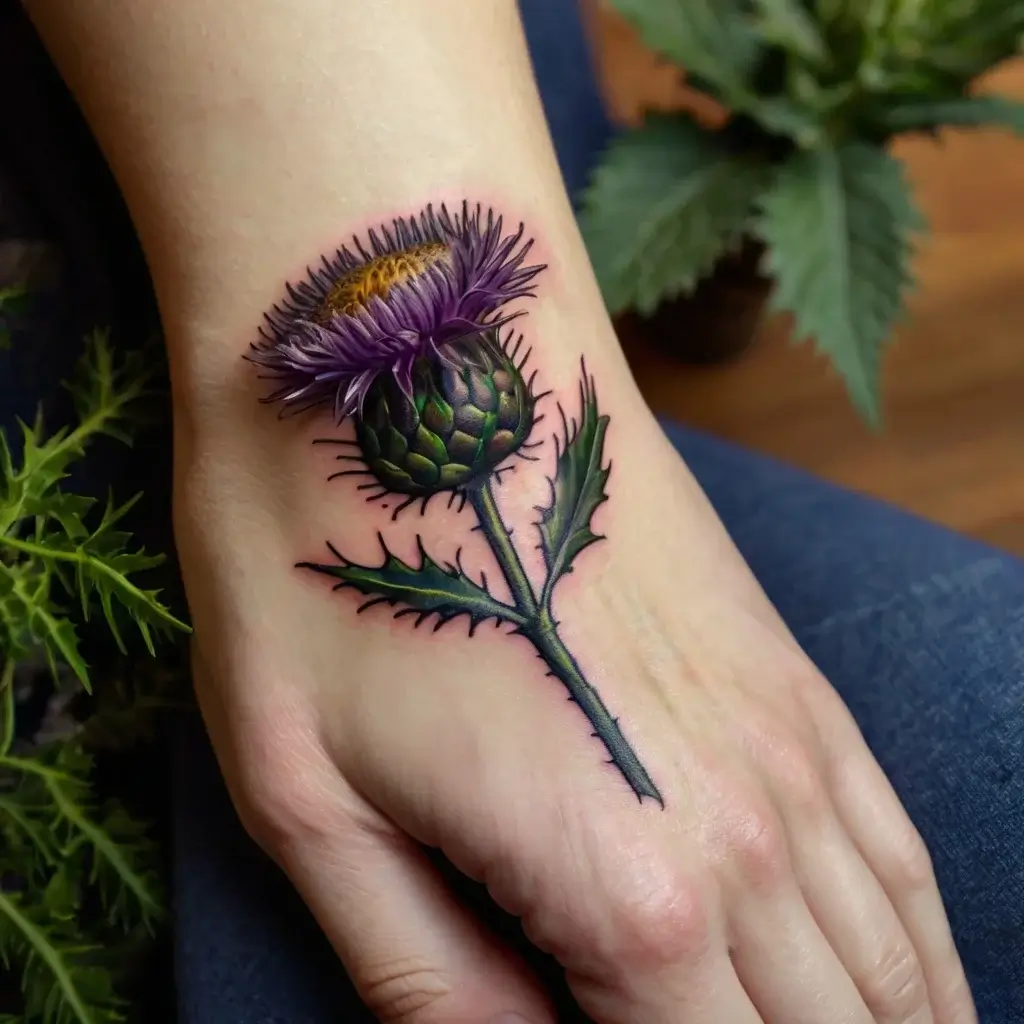 A realistic thistle tattoo on the hand, featuring a detailed purple flower and green spiky stem, symbolizing resilience.