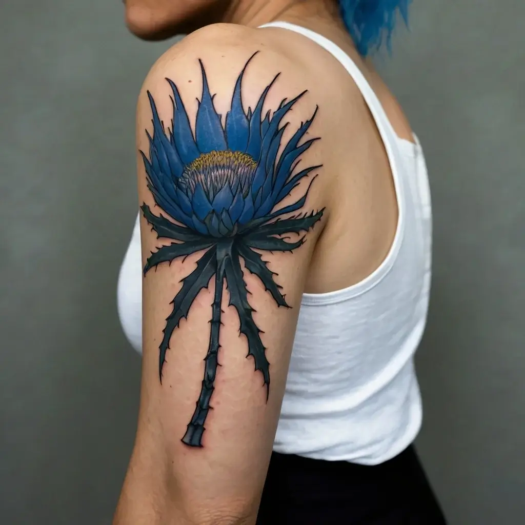 A vibrant blue thistle tattoo on the upper arm with detailed petals and thorny leaves, showcasing bold lines and shading.