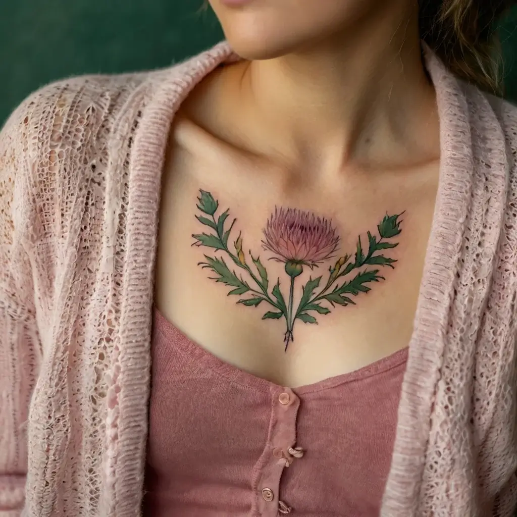 Chest tattoo of a detailed pink thistle with green leaves, symbolizing strength and protection, elegantly spanning the collarbones.