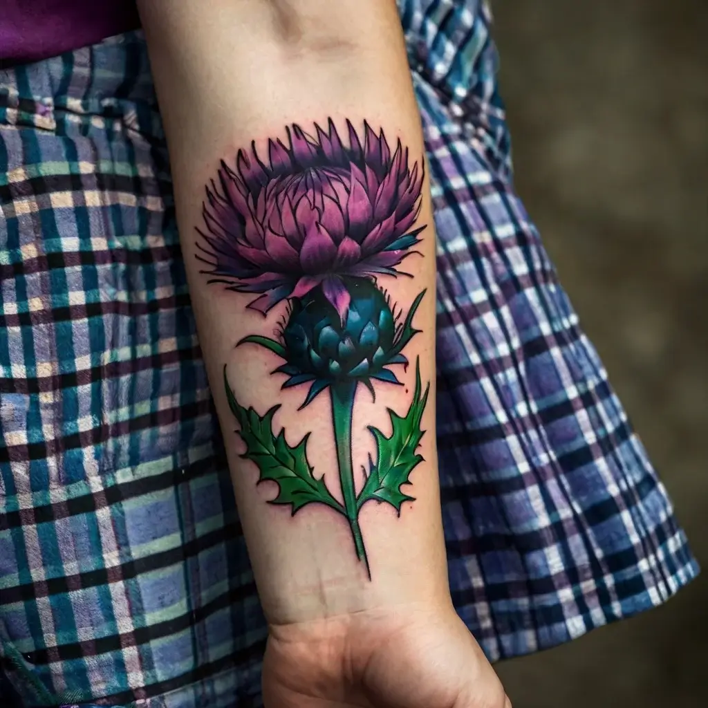 A vibrant forearm tattoo of a purple thistle with a green stem and leaves, showcasing realistic shading and detail.