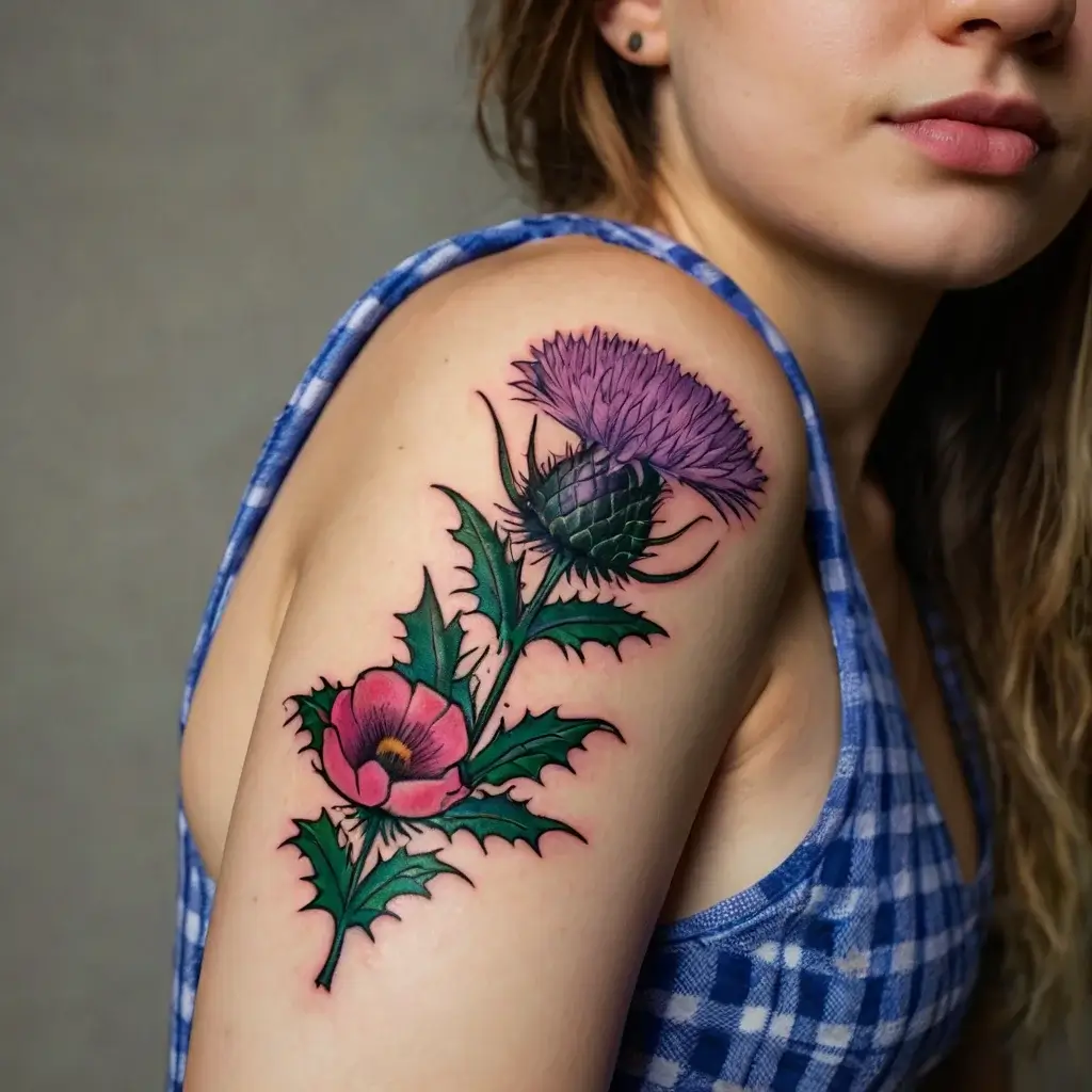 Tattoo of a vibrant thistle and poppy, with green leaves and detailed shading, on a woman's upper arm in a blue plaid shirt.