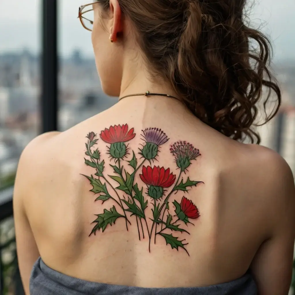 Back tattoo of vibrant red and purple thistle flowers with green leaves, intricately detailed and elegantly arranged.