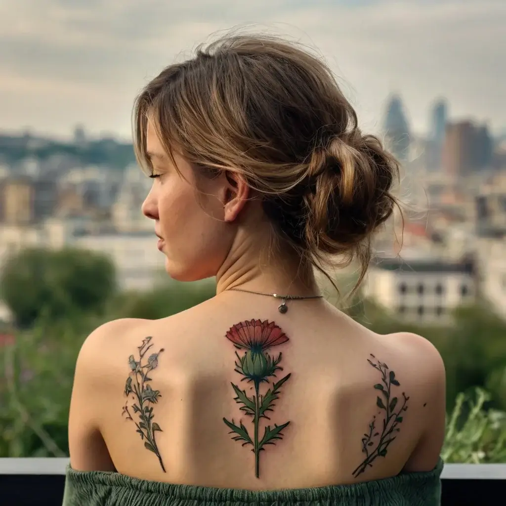 Floral back tattoo featuring a central red and green thistle, flanked by delicate leafy sprigs on each shoulder blade.