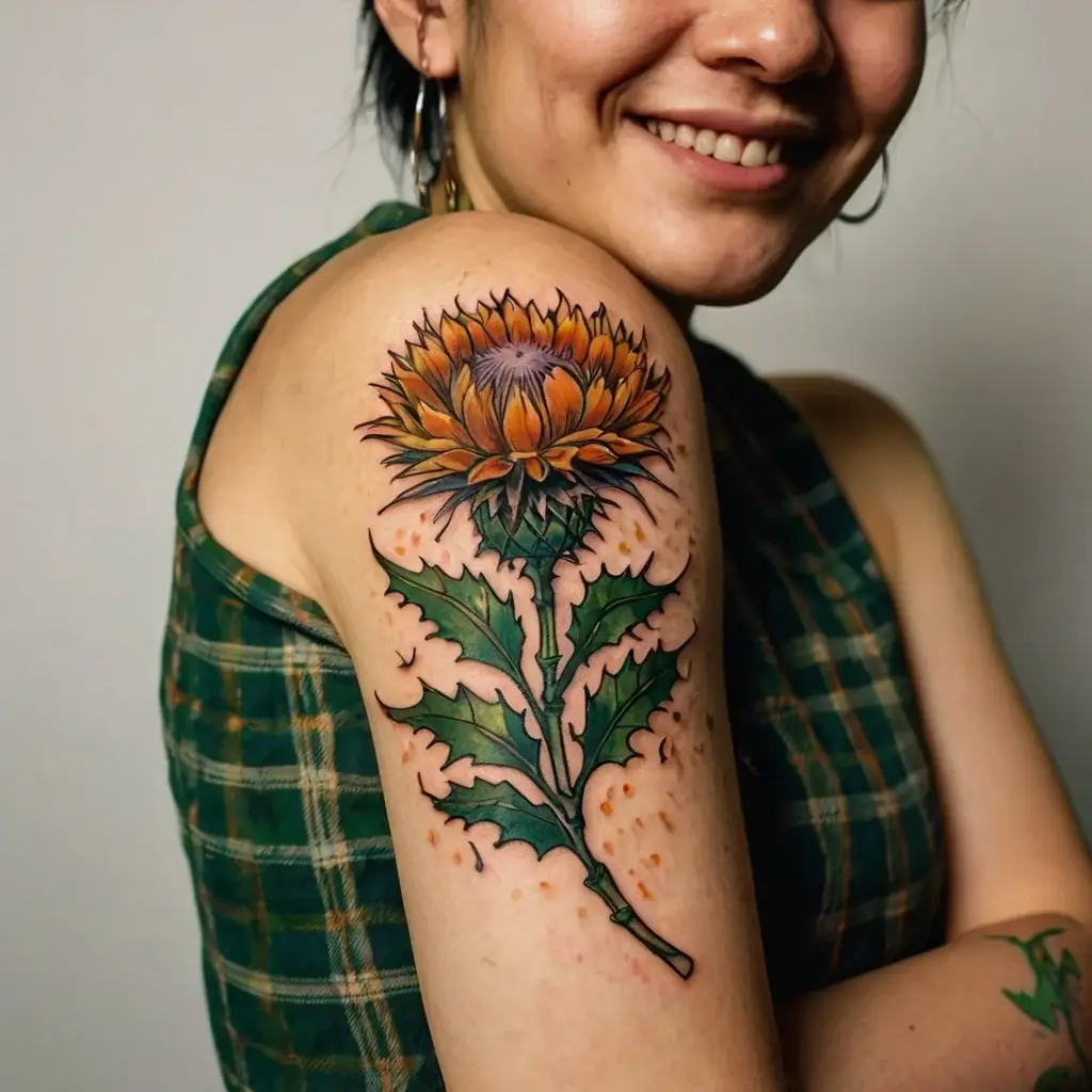 A vibrant orange thistle tattoo with green leaves on the upper arm, displaying bold lines and subtle shading.