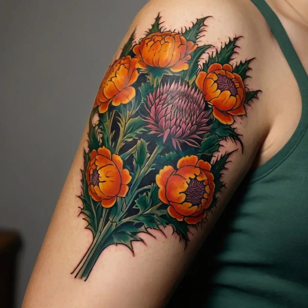 Vibrant tattoo of orange flowers and a central purple thistle with sharp green leaves, covering the upper arm.