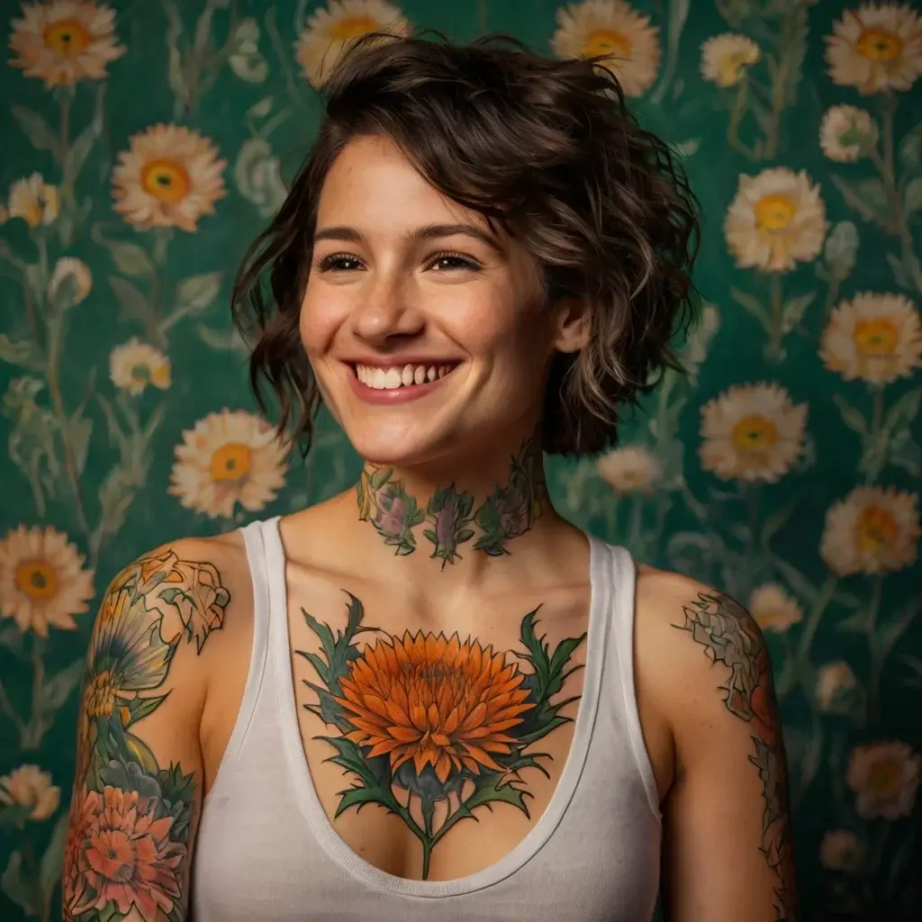 Woman with vibrant floral tattoos: marigold on chest, poppies on shoulders, and delicate buds encircle her neck.