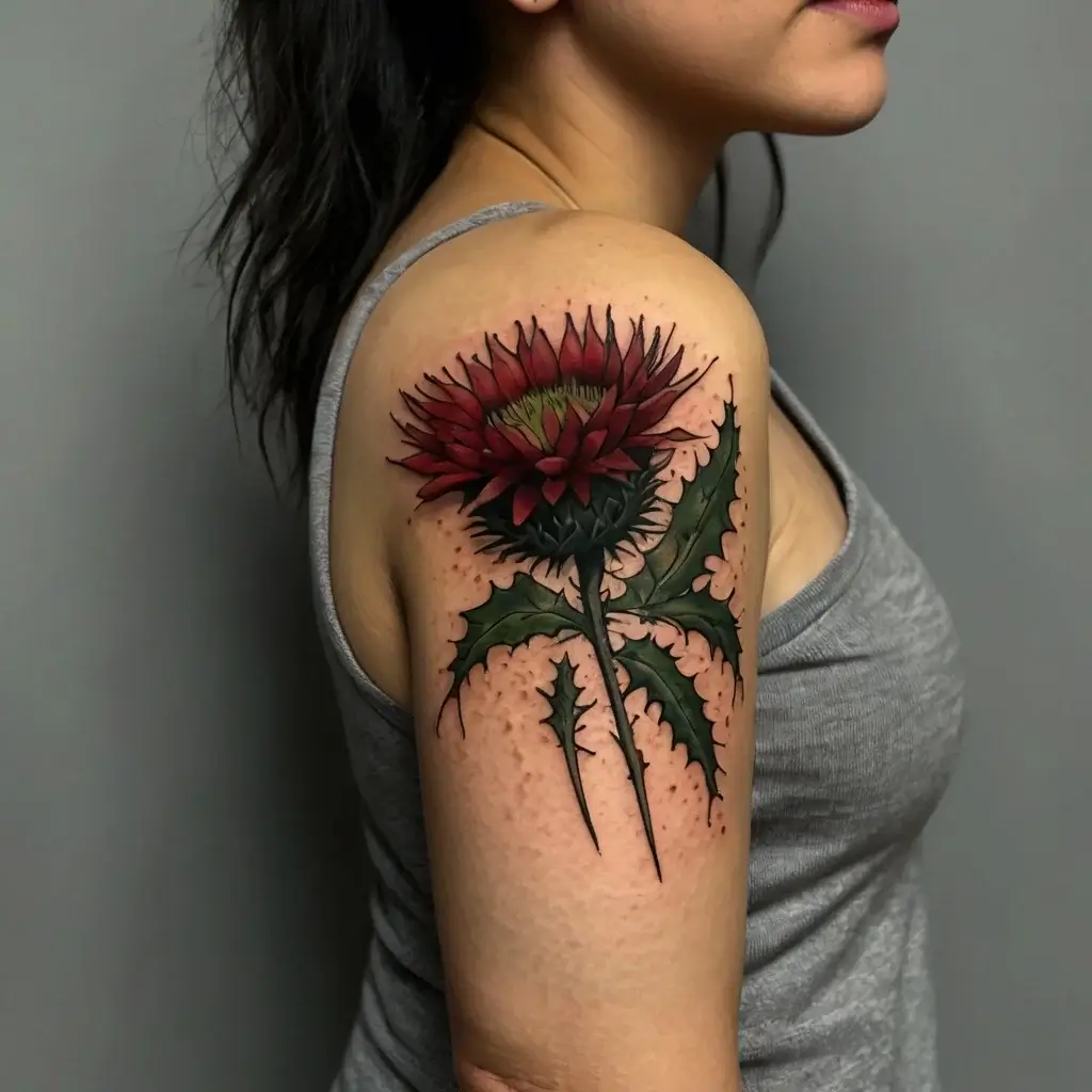 Tattoo of a vibrant red thistle on the upper arm, showcasing sharp green leaves and detailed textures.