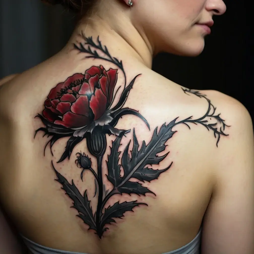 Tattoo of a large red peony with black leaves and stems on the upper back, showcasing intricate details and shading.