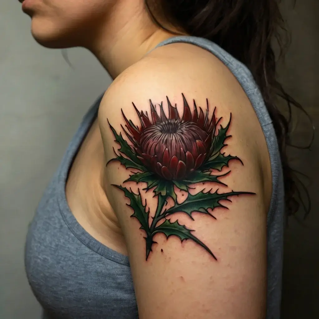 Realistic protea flower tattoo on shoulder, featuring red petals and green leaves with sharp details and vibrant colors.