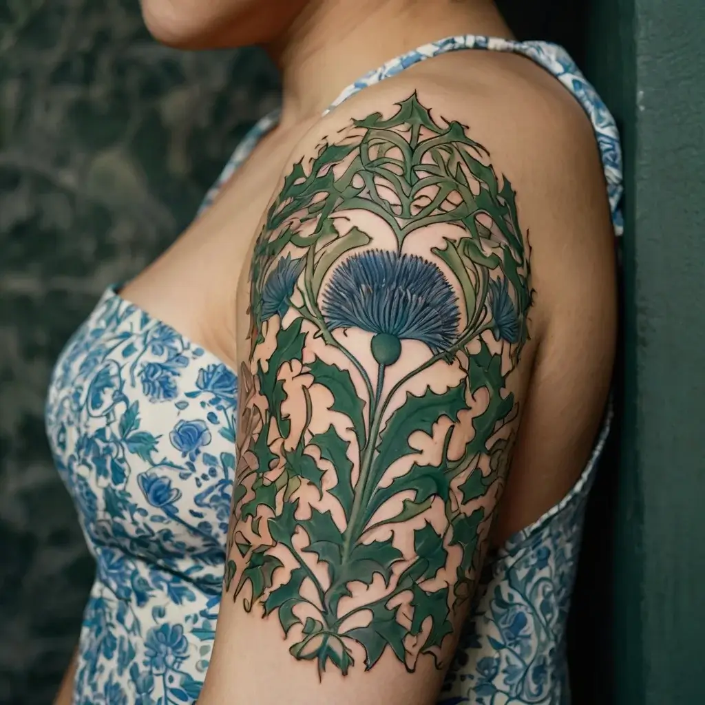 Vibrant floral tattoo on upper arm, featuring a blue thistle with green leaves in an intricate, symmetrical design.