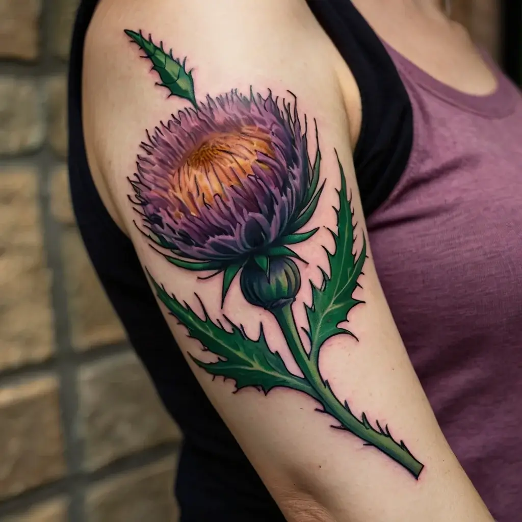 A vibrant thistle tattoo with detailed purple petals and green leaves, symbolizing resilience and pride.