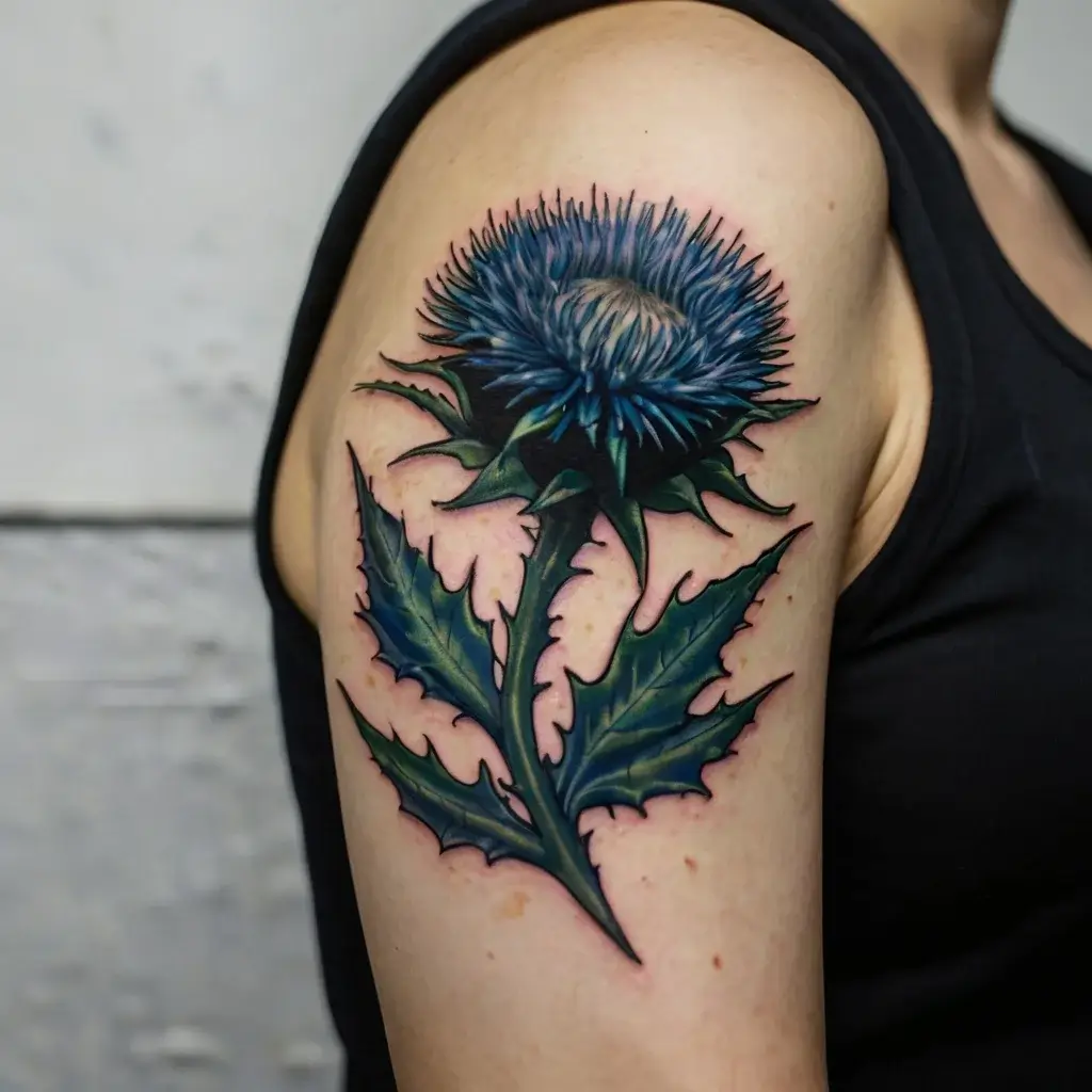 Tattoo of a vibrant blue thistle with spiky leaves on the upper arm, showcasing detailed shading and bold outlines.