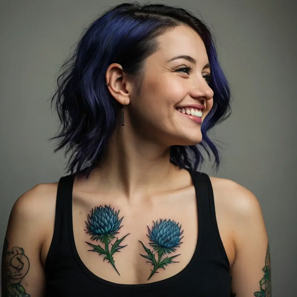 Chest tattoo of blue thistle flowers with detailed green stems and leaves, symbolizing resilience and beauty.