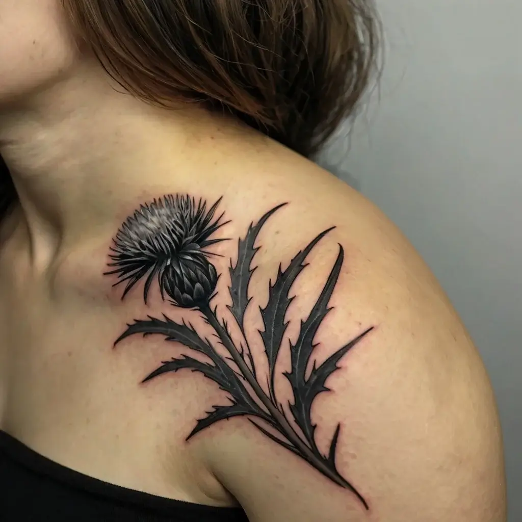 Black and grey thistle tattoo on shoulder, showcasing sharp leaves and detailed shading, symbolizing resilience and protection.