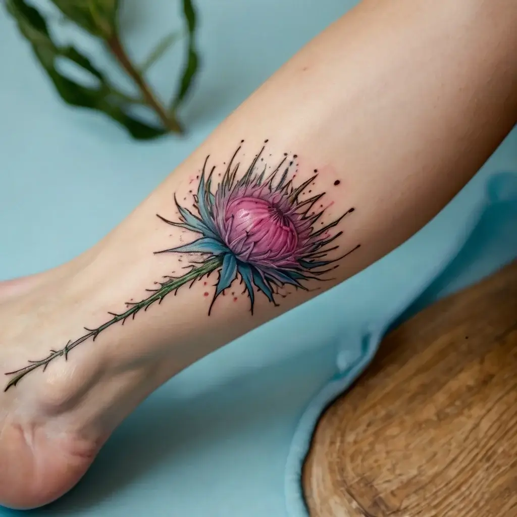 Colorful thistle tattoo with a pink bloom, blue petals, and sharp black outlines on a leg, depicting beauty and resilience.