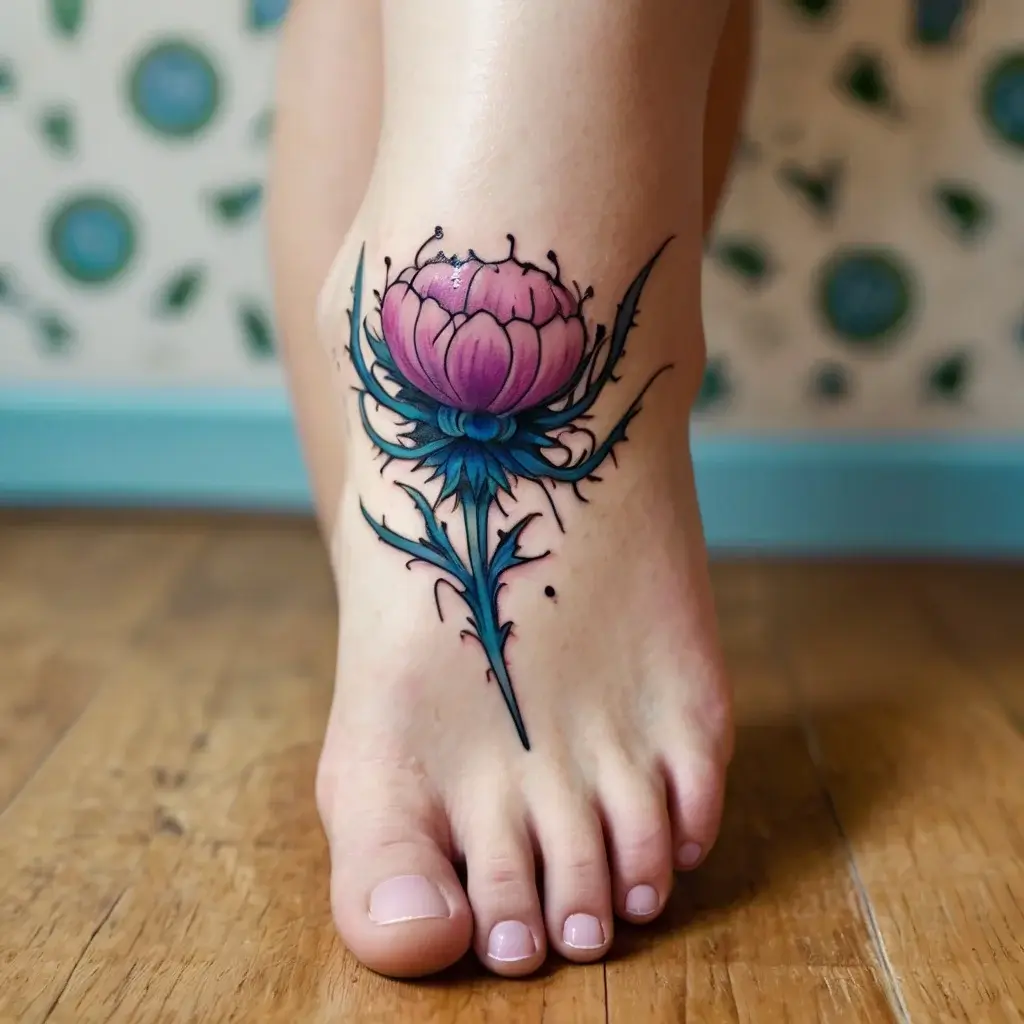 A vibrant thistle tattoo with intricate, spiky blue leaves and a pink bloom on the foot, symbolizing resilience and pride.