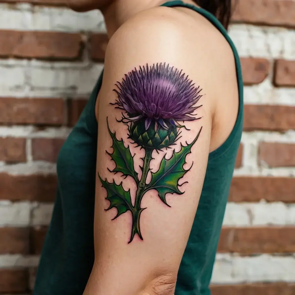 Realistic thistle tattoo on upper arm, featuring vibrant purple petals and green, spiky leaves with detailed shading.