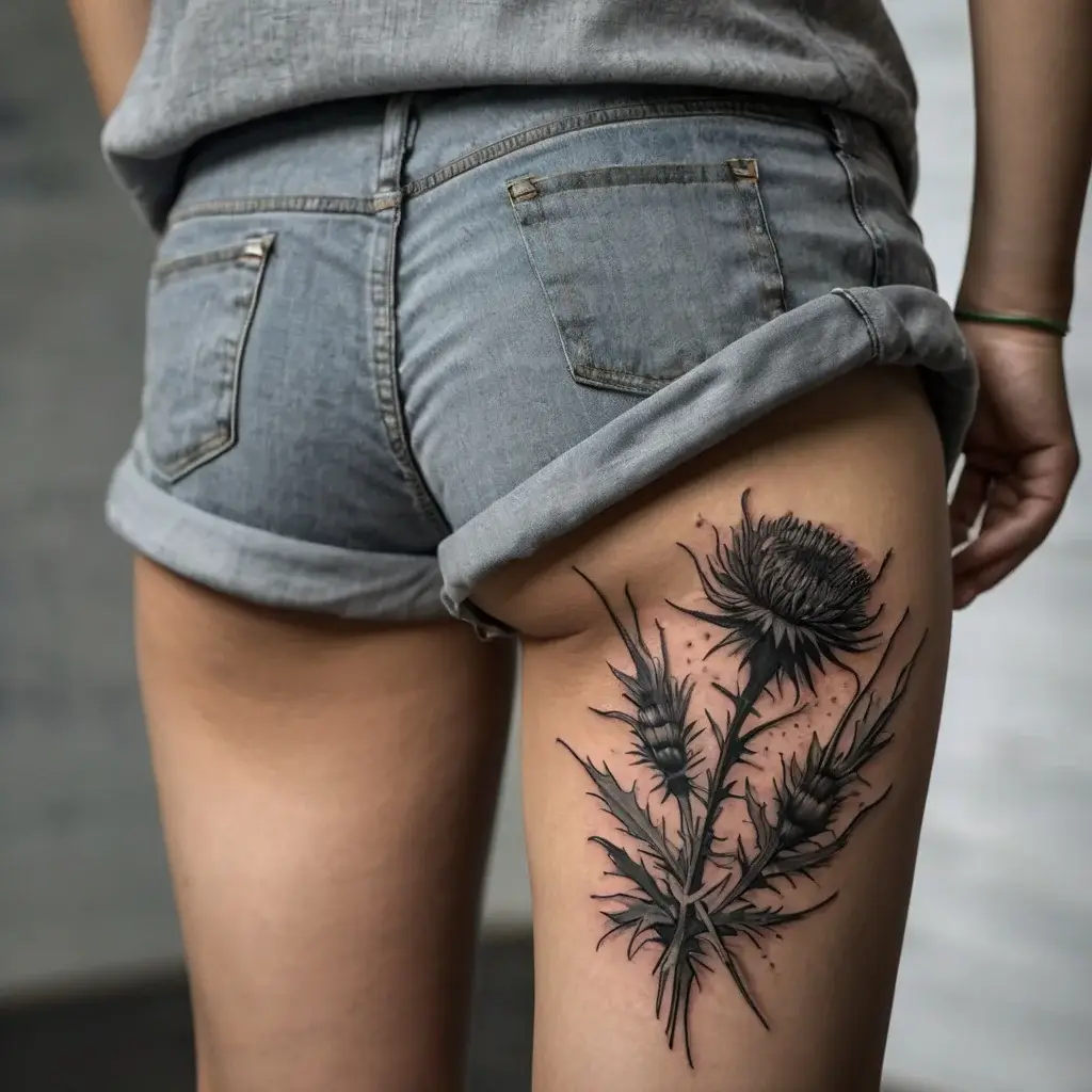 Tattoo of a detailed black and gray thistle flower with sharp leaves, elegantly placed on the upper thigh.