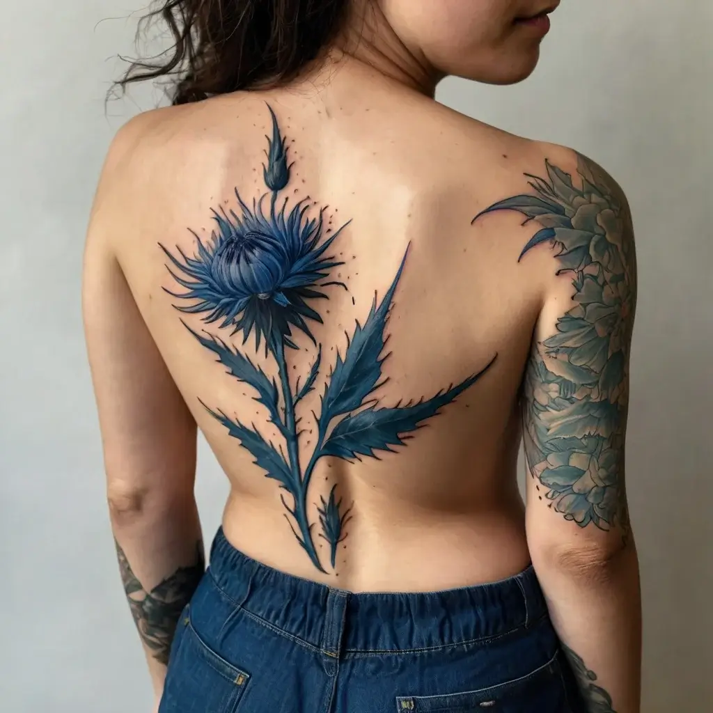 A striking blue thistle tattoo covers a woman's back, showcasing detailed leaves and stem with complementary arm designs.