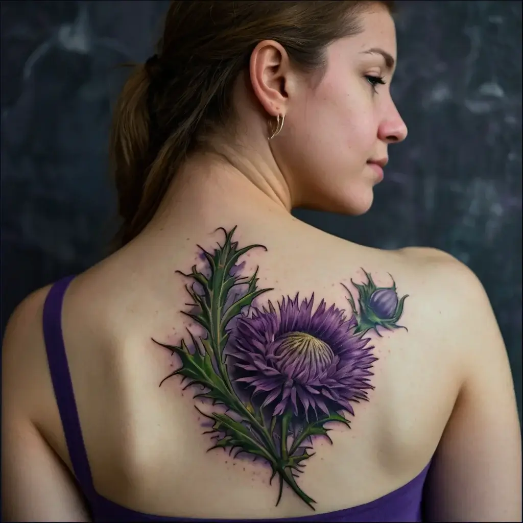 Tattoo of a vibrant purple thistle with green leaves on the upper back, highlighting natural beauty and elegance.