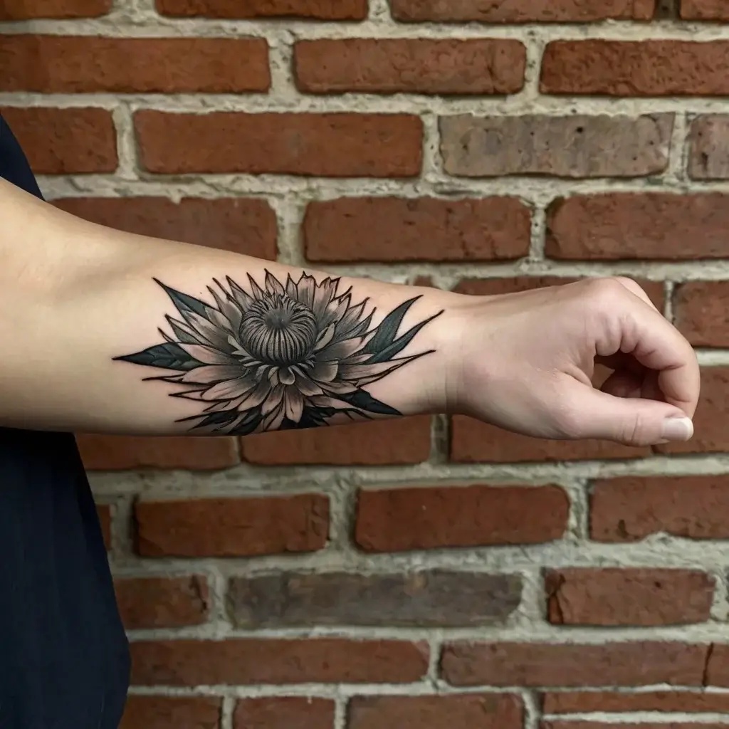 Black and grey sunflower tattoo on forearm, with sharp, detailed petals and shaded leaves, showcasing bold, geometric lines.