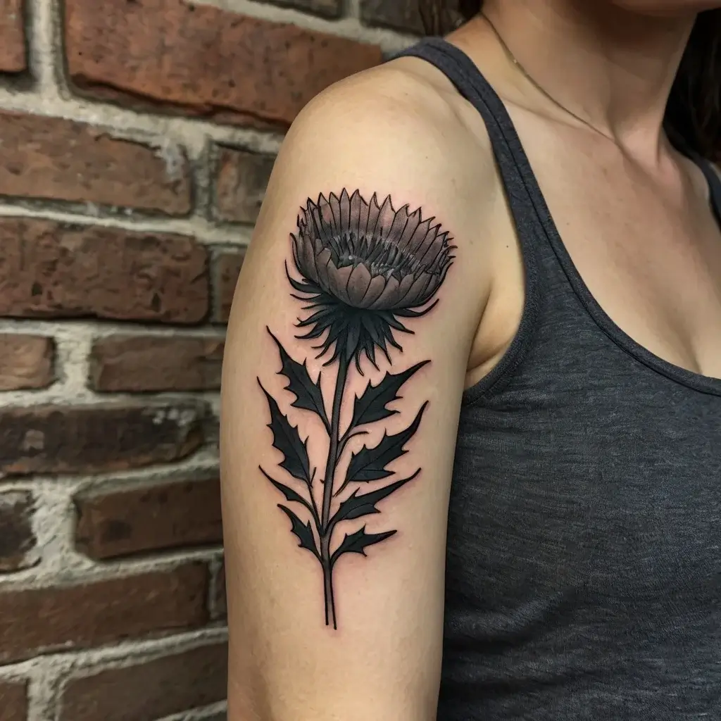 Tattoo of a detailed monochrome thistle on the upper arm, with sharp leaves and shading, inked in a realistic style.