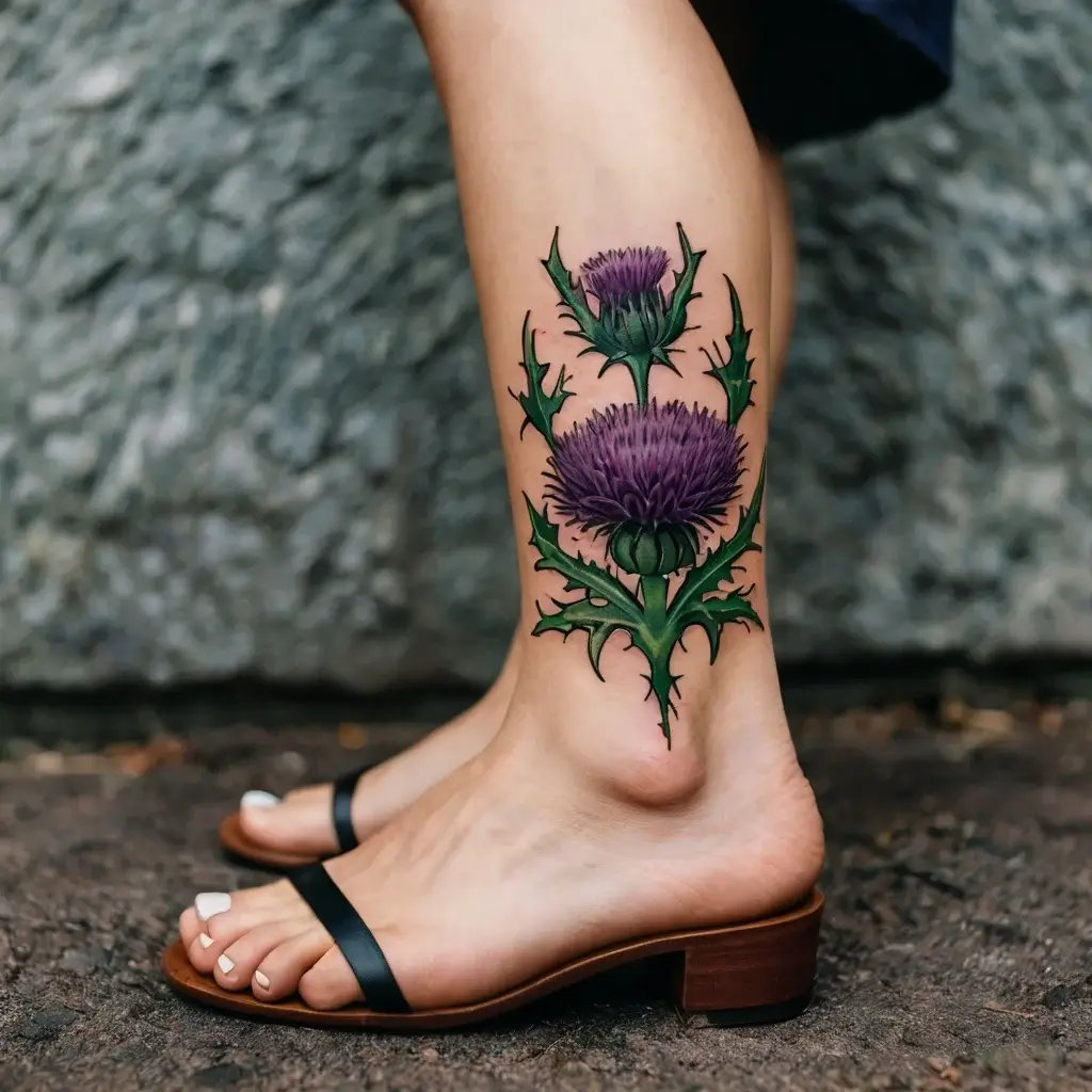 Intricate tattoo of two purple thistle blooms with sharp green leaves on the ankle, symbolizing resilience and beauty.