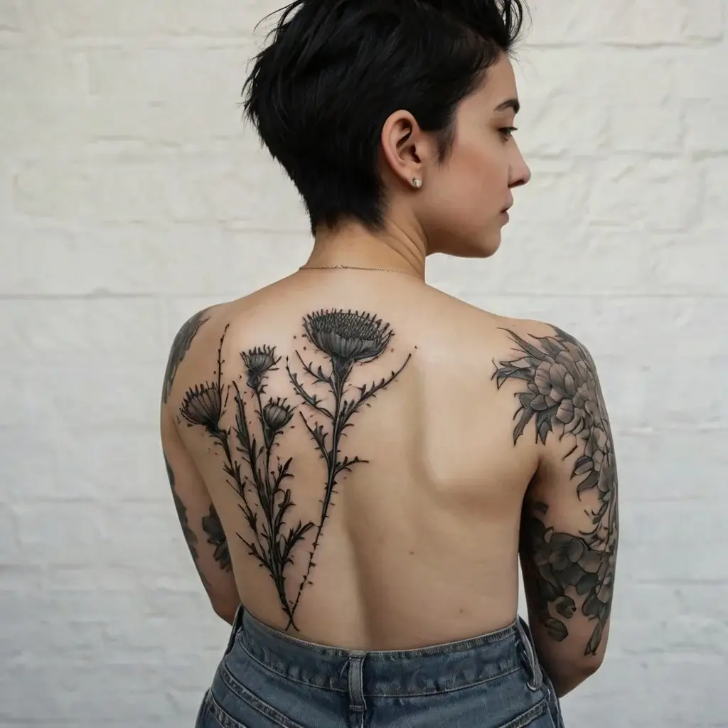 Tattoo of detailed thistle flowers on back, blending into floral designs on shoulders for a cohesive botanical theme.