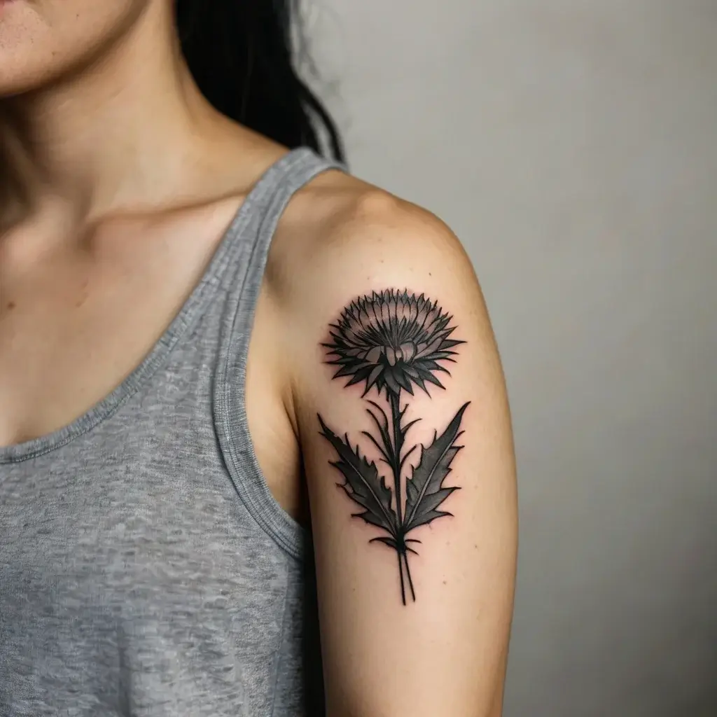 Black and gray thistle tattoo on upper arm, with detailed petals and leaves, symbolizing resilience and protection.