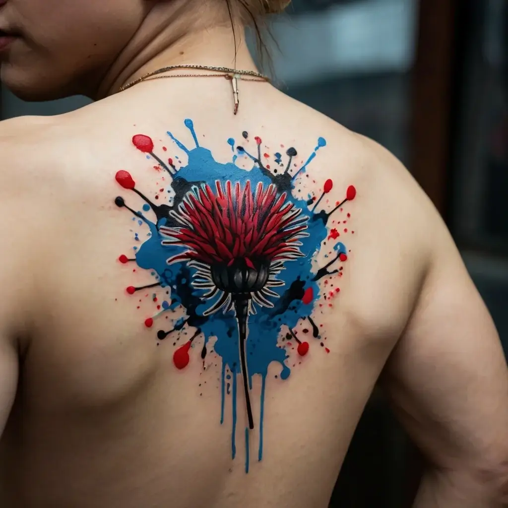 Back tattoo of a red flower with bold black outlines, set against blue and black ink splatters for a dynamic effect.