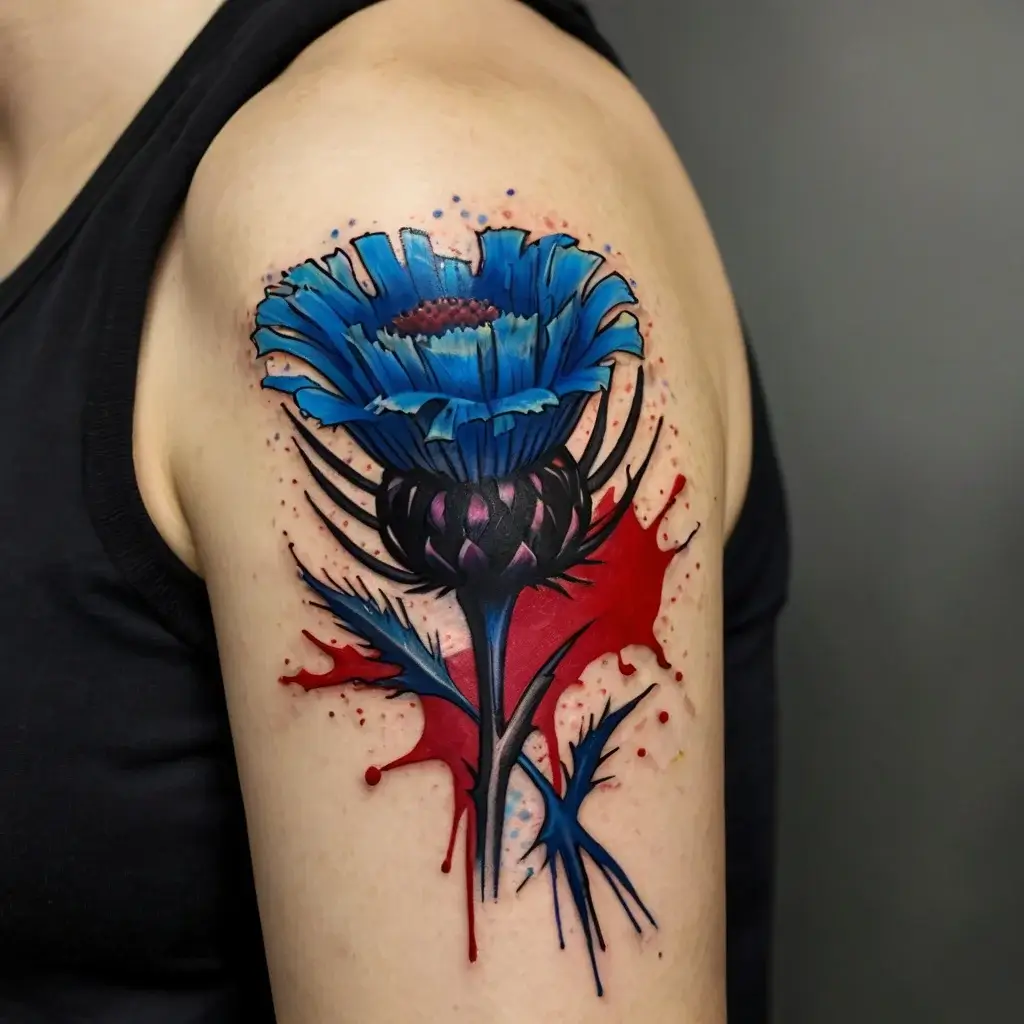 Tattoo of a vibrant blue thistle with red splashes, detailed shading, on the upper arm, symbolizing resilience.