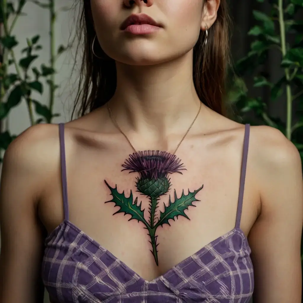 Chest tattoo of a purple thistle with intricate green leaves, symbolizing strength and resilience.