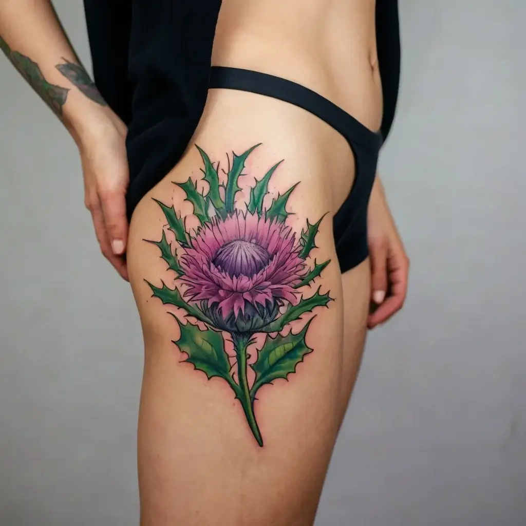 Vivid thistle tattoo on thigh, featuring detailed purple petals and green spiky leaves, symbolizing resilience and strength.