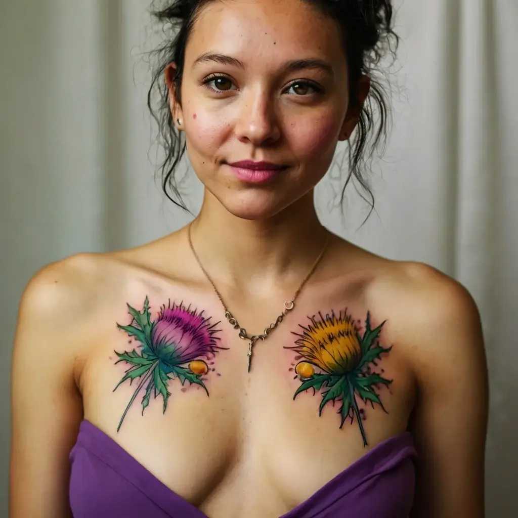 Tattoo of vibrant thistle flowers with green leaves on upper chest, one pink and one yellow, symbolizing strength and resilience.