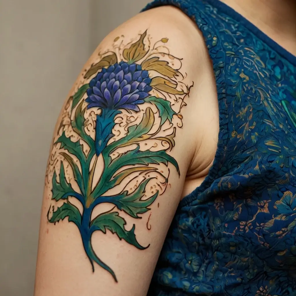 Intricate artichoke tattoo on upper arm, featuring blue petals and ornate green leaves with gold accents.