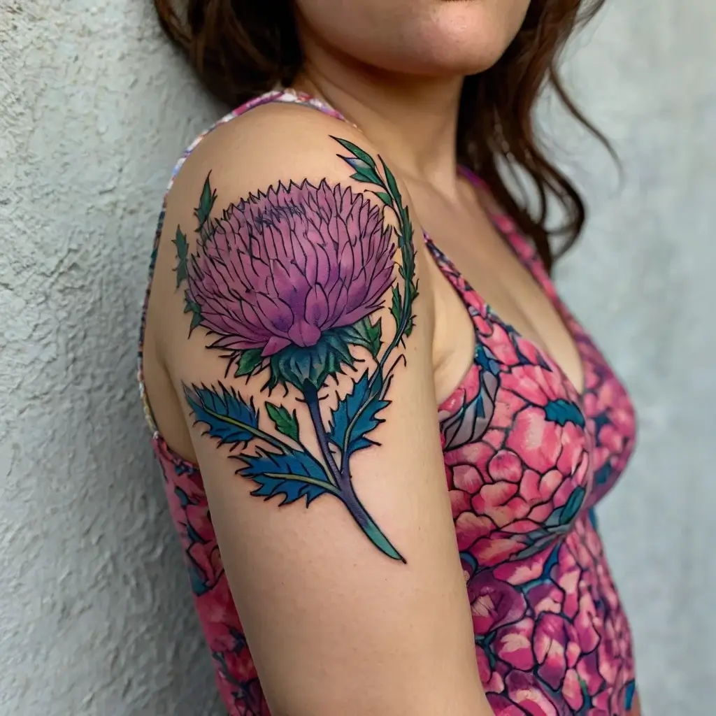 Tattoo of a vibrant thistle on the upper arm, featuring a purple bloom and bold green leaves with detailed shading.